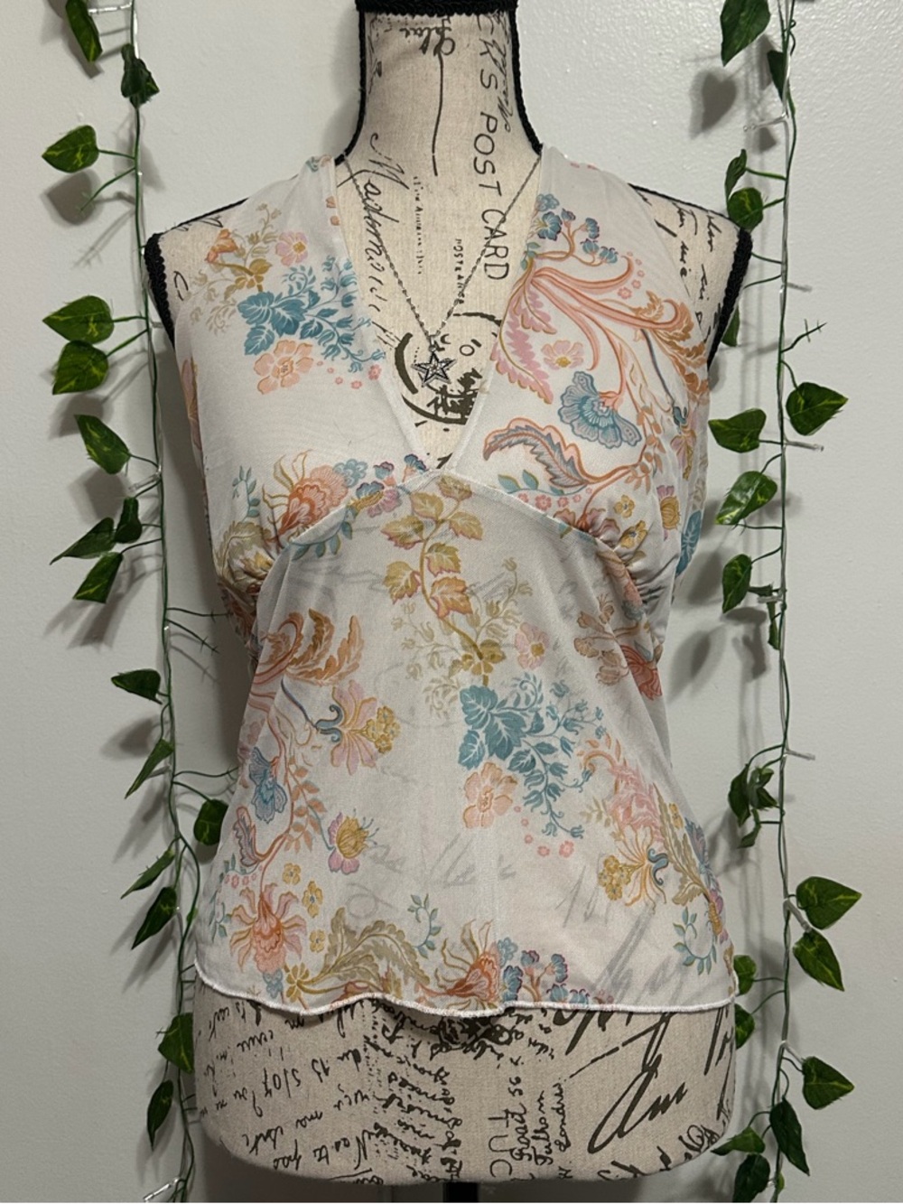 Floral Halter V-Neck Halter Top - White with Pastel Floral